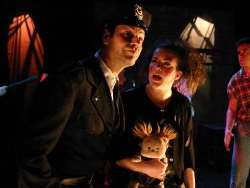 John Fredo as Lockstock, Michele Marie Roberts as Little Sally and Chris Critelli as Bobby in the &quot;Act I Finale&quot;