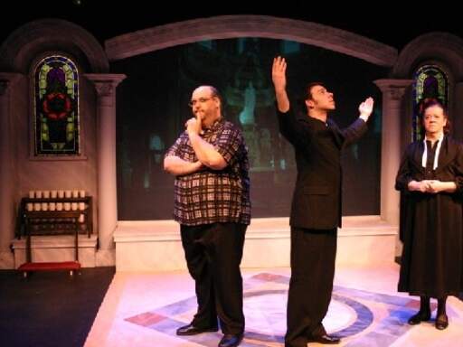 Norman Sham as the Scientist, Marc Sacco as the Priest and Ellen Horst as the Sister