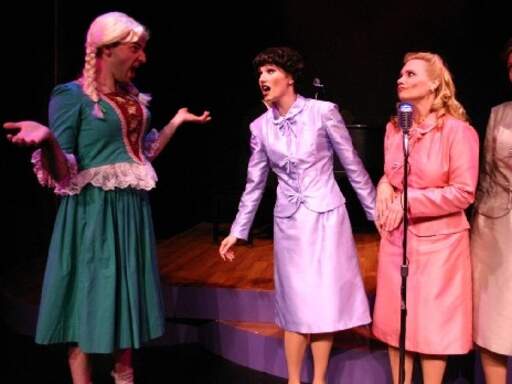Todd Benzin as the Beer Frau with Kelly Meg Brennan, Kathy Weese &amp; Debbie Pappas as Maxene, Patty &amp; Laverne in &quot;Bee